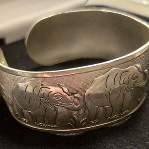 Vintage Elephant Adjustable Engraved Silver Cuff Bracelet. Boho Tribal Style.